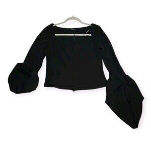 BEULAH Women's Black Long Sleeve Blouse M Puff Hem Top